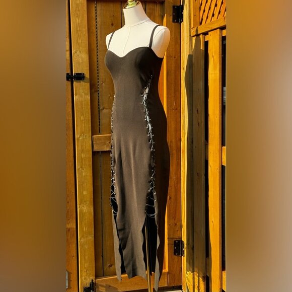 🆕 NICHOLAS 🧿 NWT Palmer Lace Up Ribbed Knit Maxi Dress, Olive Green - Sz M - Picture 5 of 15